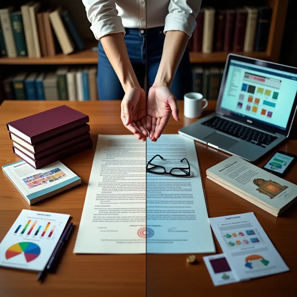 A person presenting a split view of publishing options with books, documents, charts, and a laptop on a desk.