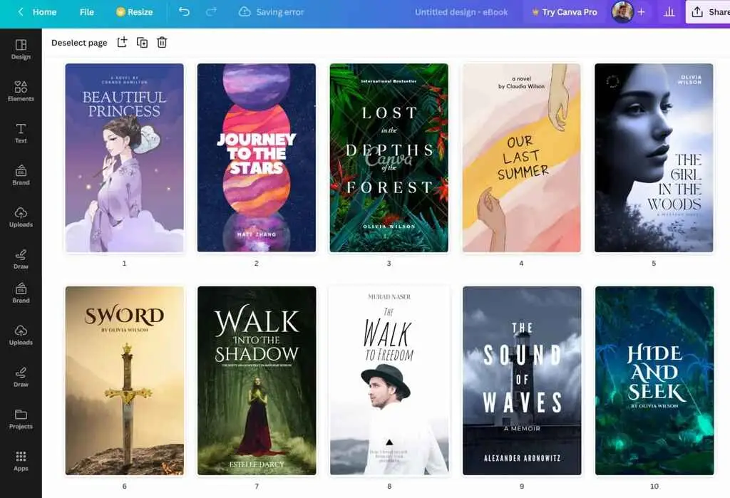 Ten diverse eBook cover templates displayed in a design app, featuring various artistic styles and themes.