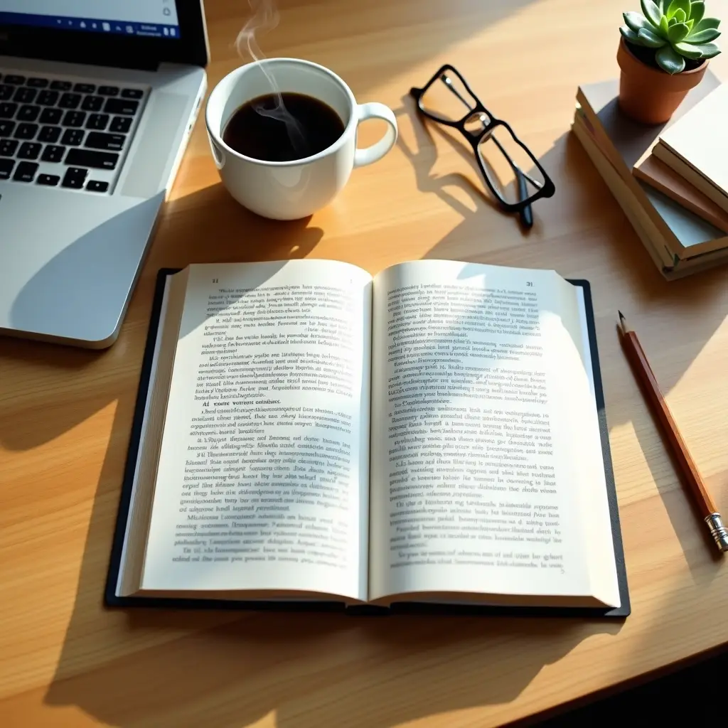 Open book on a wooden desk with a steaming cup of coffee, glasses, laptop, and a small plant nearby.