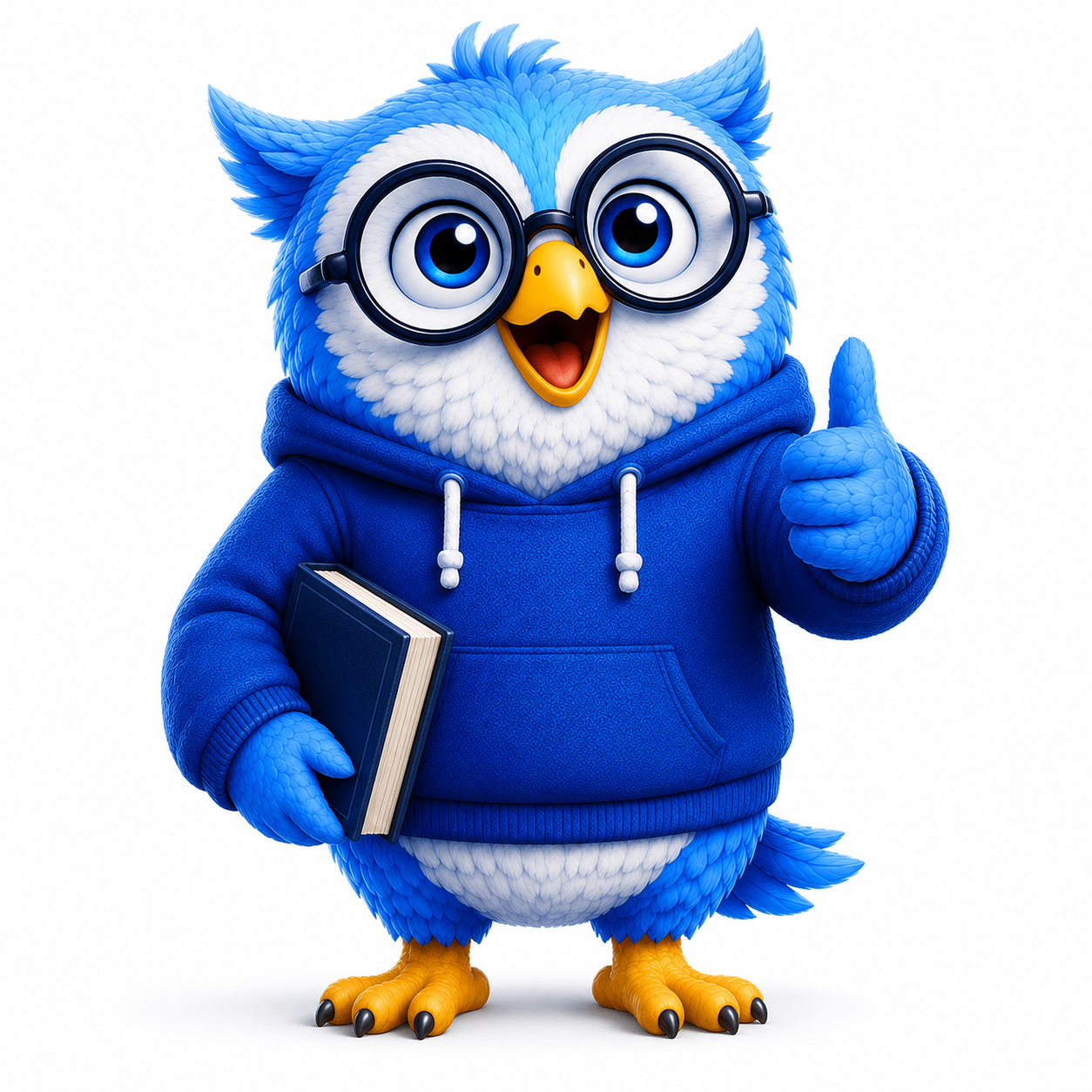 Eddy the Storyloft Owl giving a thumbs up while holding a finished print book.