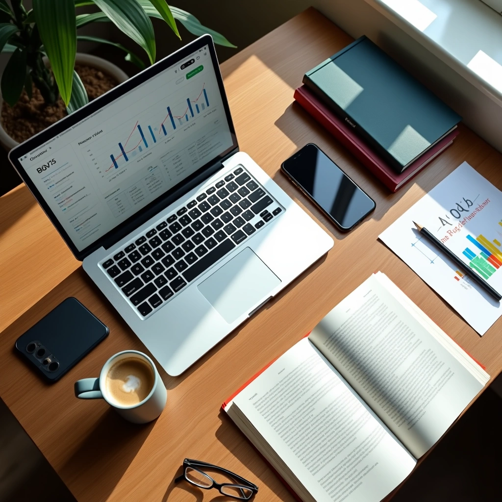 Top-down view of a workspace with a laptop showing graphs, an open book, smartphone, coffee, and notebooks on a wooden desk.