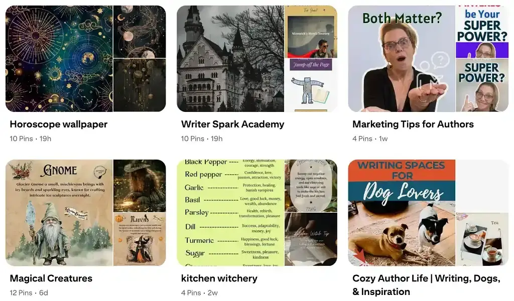 Pinterest boards showing topics like writing tips, magical creatures, kitchen witchery, and cozy author life with dogs.