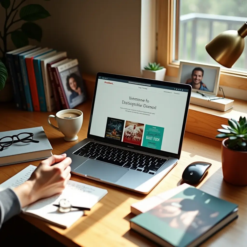 A cozy author workspace with a laptop displaying a book website, books, coffee, and handwritten notes by a window.