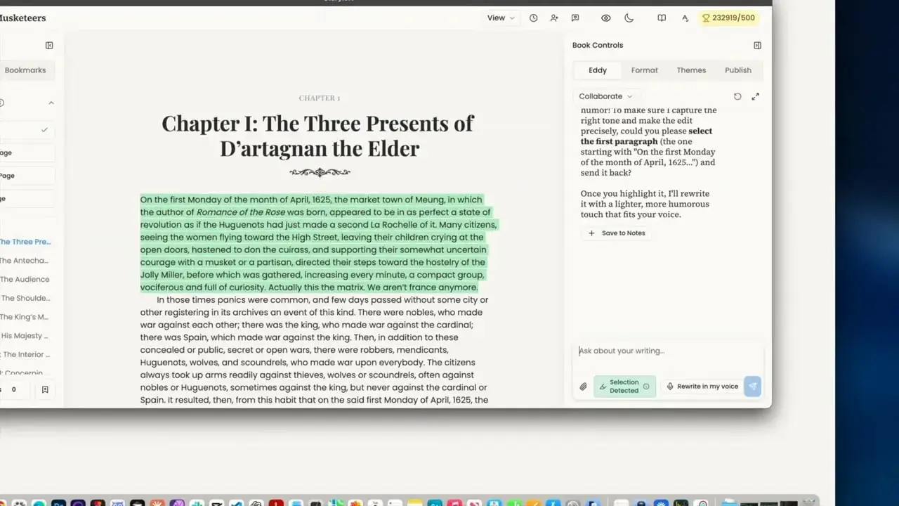 Storyloft editor showing the first paragraph highlighted in green with the AI assistant panel open on the right