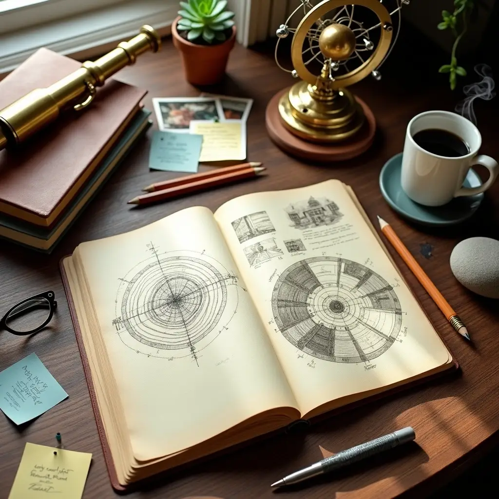 Open sketchbook with detailed sci-fi world-building diagrams on a desk with a telescope, coffee, and writing tools