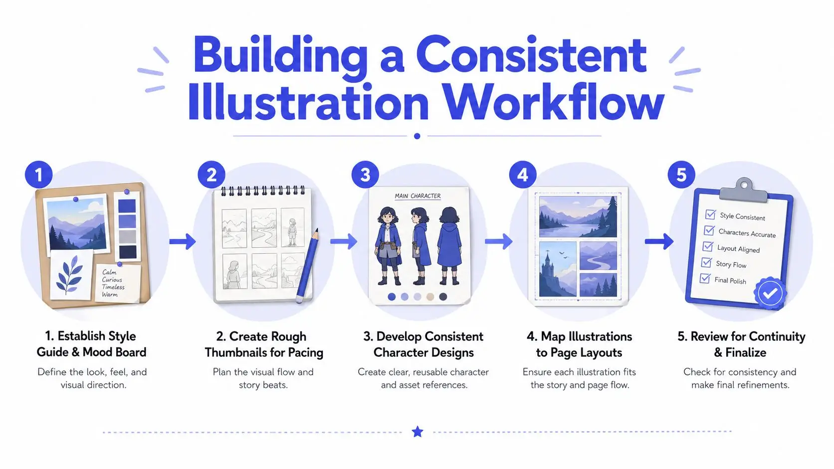 A diagram outlining a five-step professional workflow for building a consistent illustration project for a book.