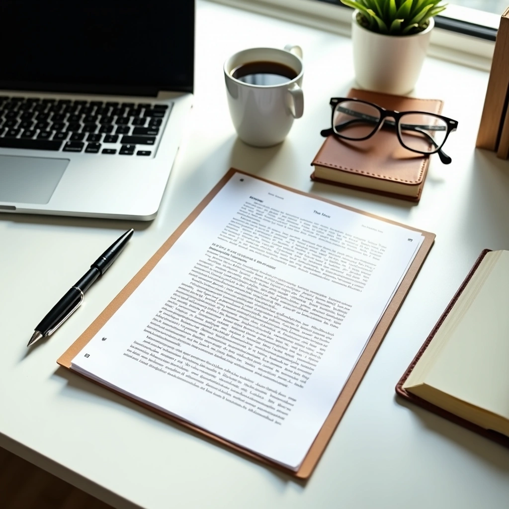 Workspace with a manuscript on a clipboard, laptop, coffee cup, glasses, notebook, and pen on a white desk.