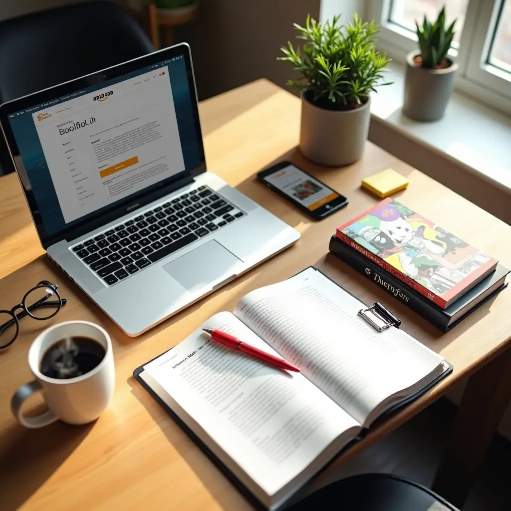 Workspace with laptop showing Amazon KDP page, open book with pen, coffee cup, and potted plants by a window