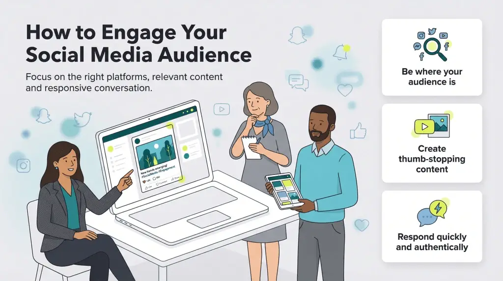 Illustration showing three people discussing social media engagement tips like being present, creating content, and responding authentically.
