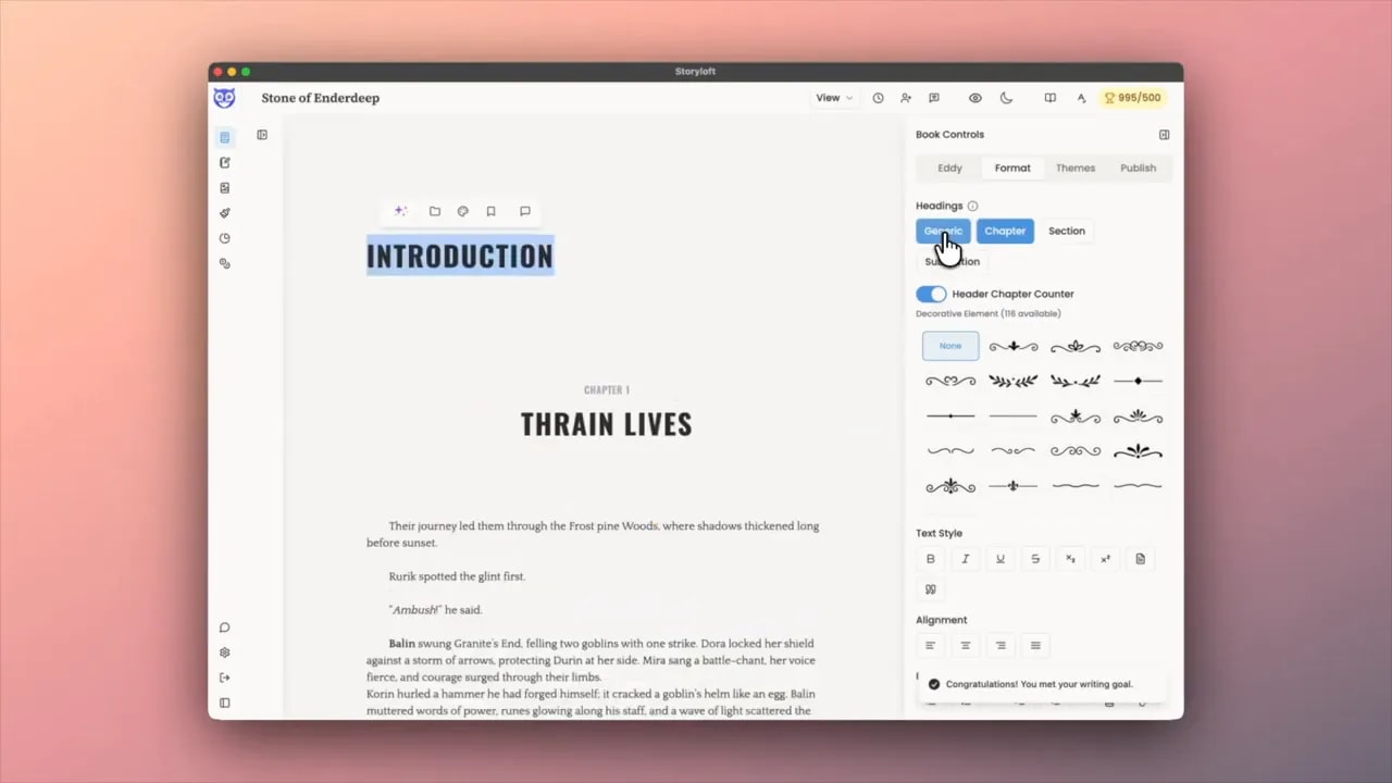 Page showing Introduction above Thrain Lives with heading style controls on the right