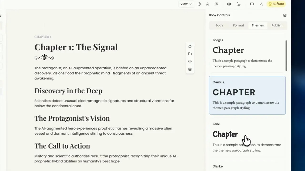 Book editor with chapter style options panel open showing multiple chapter heading templates