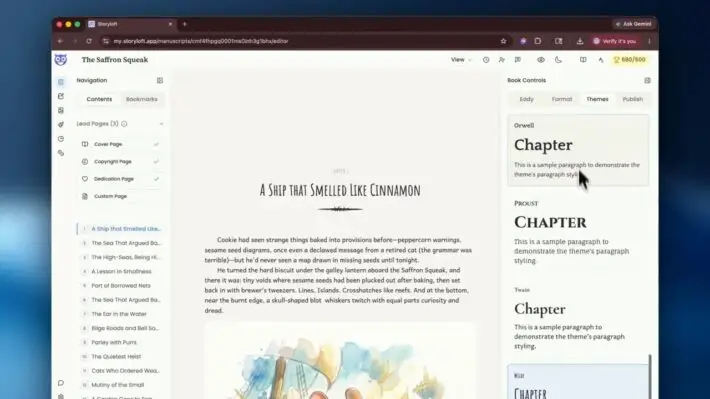 Storyloft editor showing a book page with a right sidebar of chapter heading style options