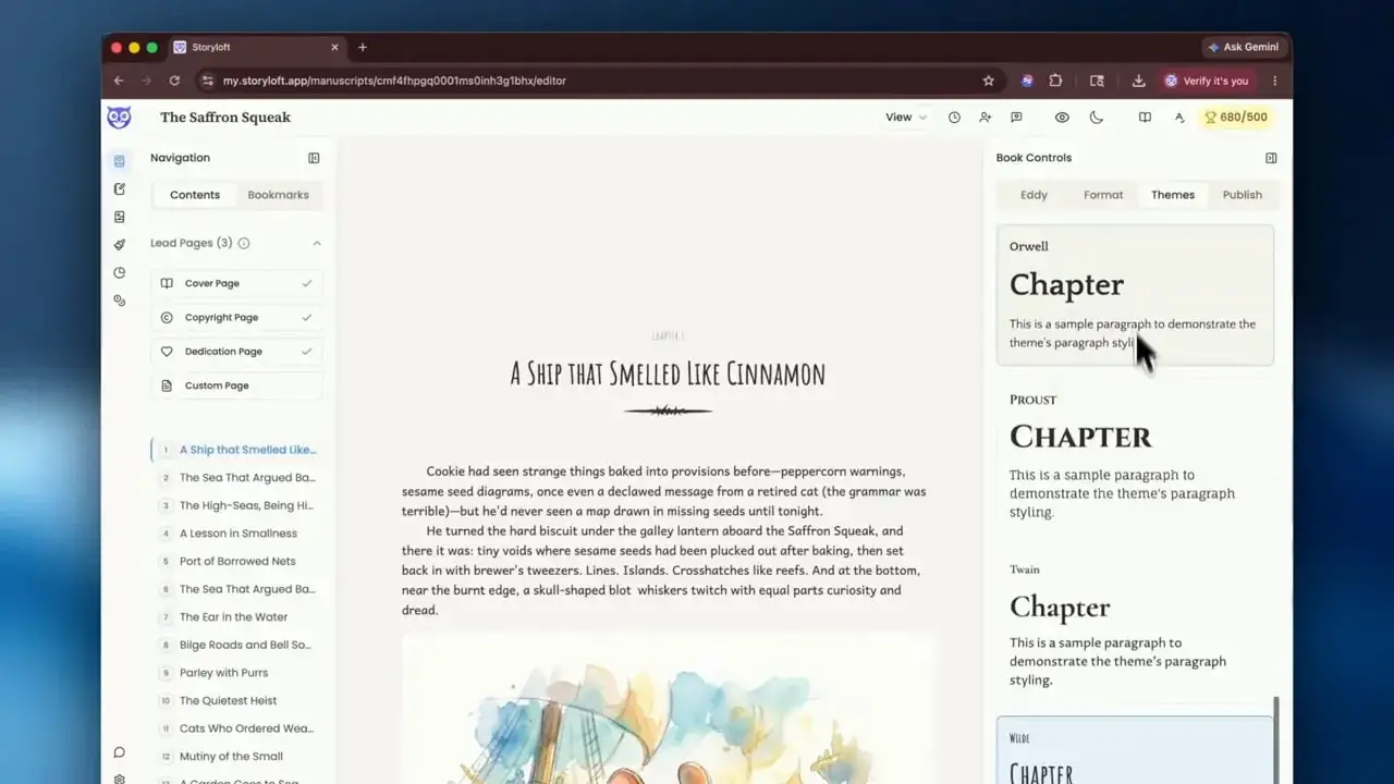 Storyloft editor showing a book page with a right sidebar of chapter heading style options