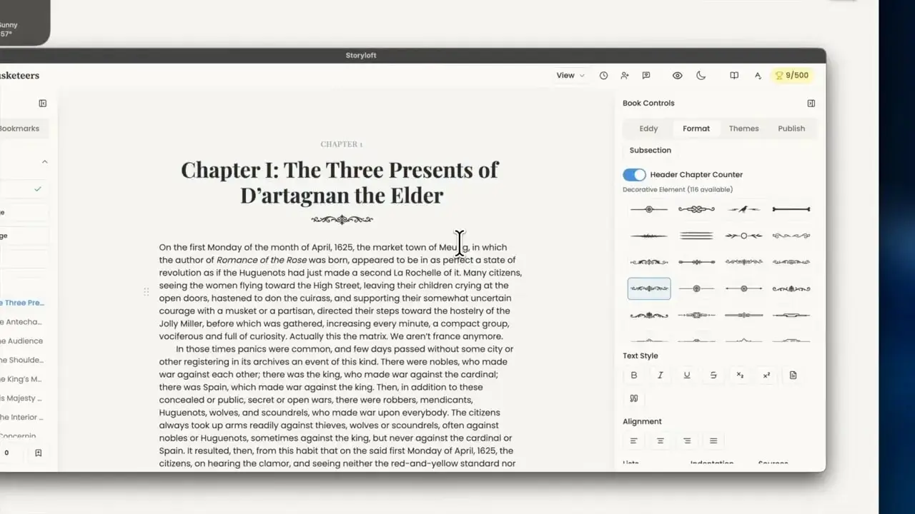 Storyloft editor with chapter heading styling controls on the right and a centered chapter title in the main page