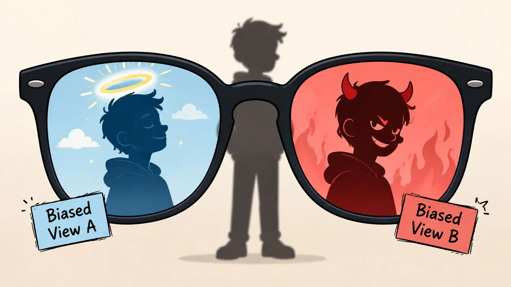 Glasses showing two biased perspectives of a silhouette, one angelic and the other demonic.