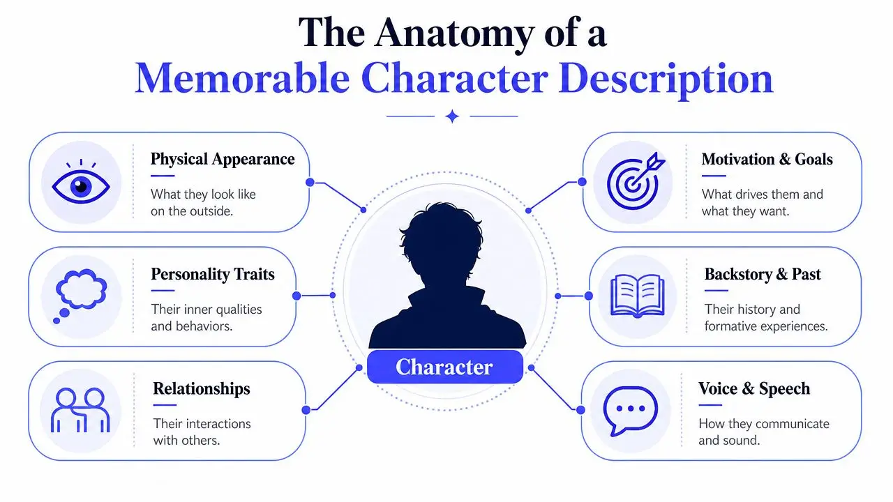 A diagram outlining the six key components of a memorable character description for writers and storytellers.