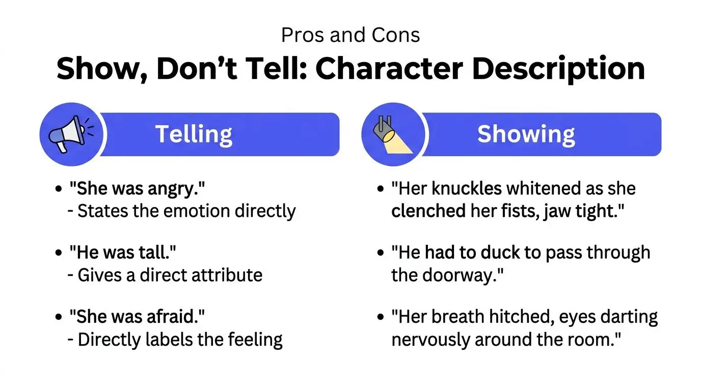 An infographic comparing showing versus telling with examples for improving character descriptions in creative writing.