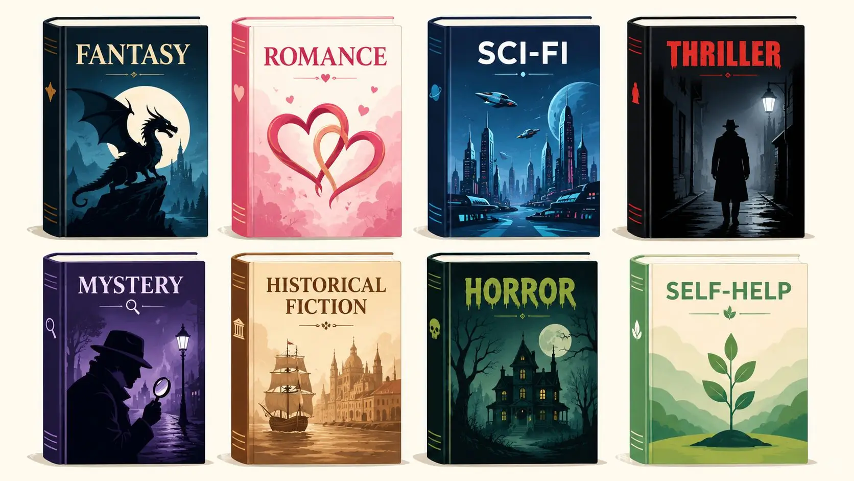 A collection of eight book covers representing different genres including fantasy, romance, science fiction, and thriller.