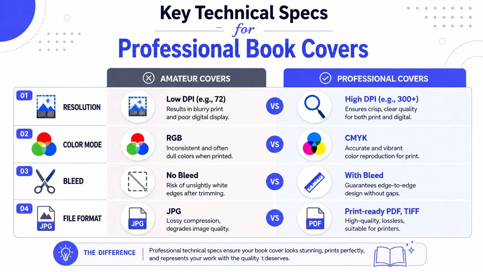 A comparison chart outlining key technical specifications for professional book cover design versus amateur standards.
