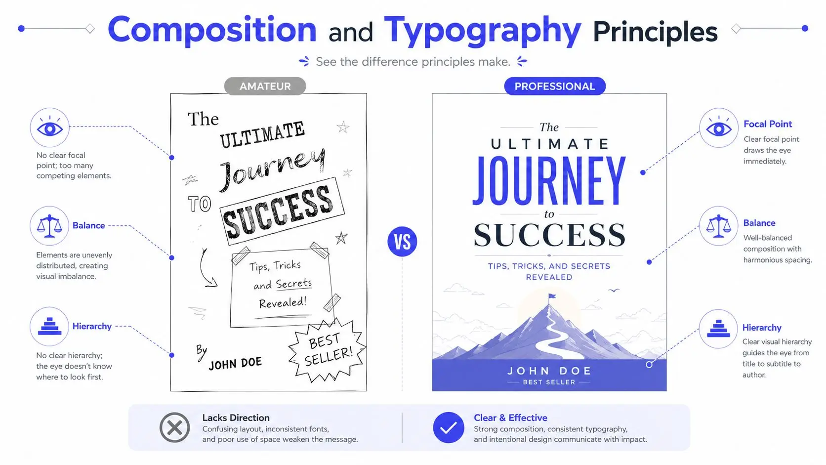 A comparative infographic showing the difference between amateur and professional book cover design principles.