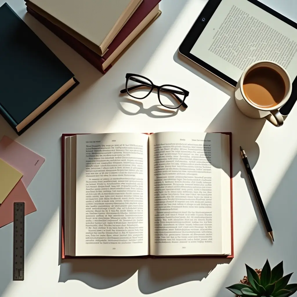 Overhead view of an open book surrounded by glasses, stacked books, a tablet, coffee, and stationery on a white desk.