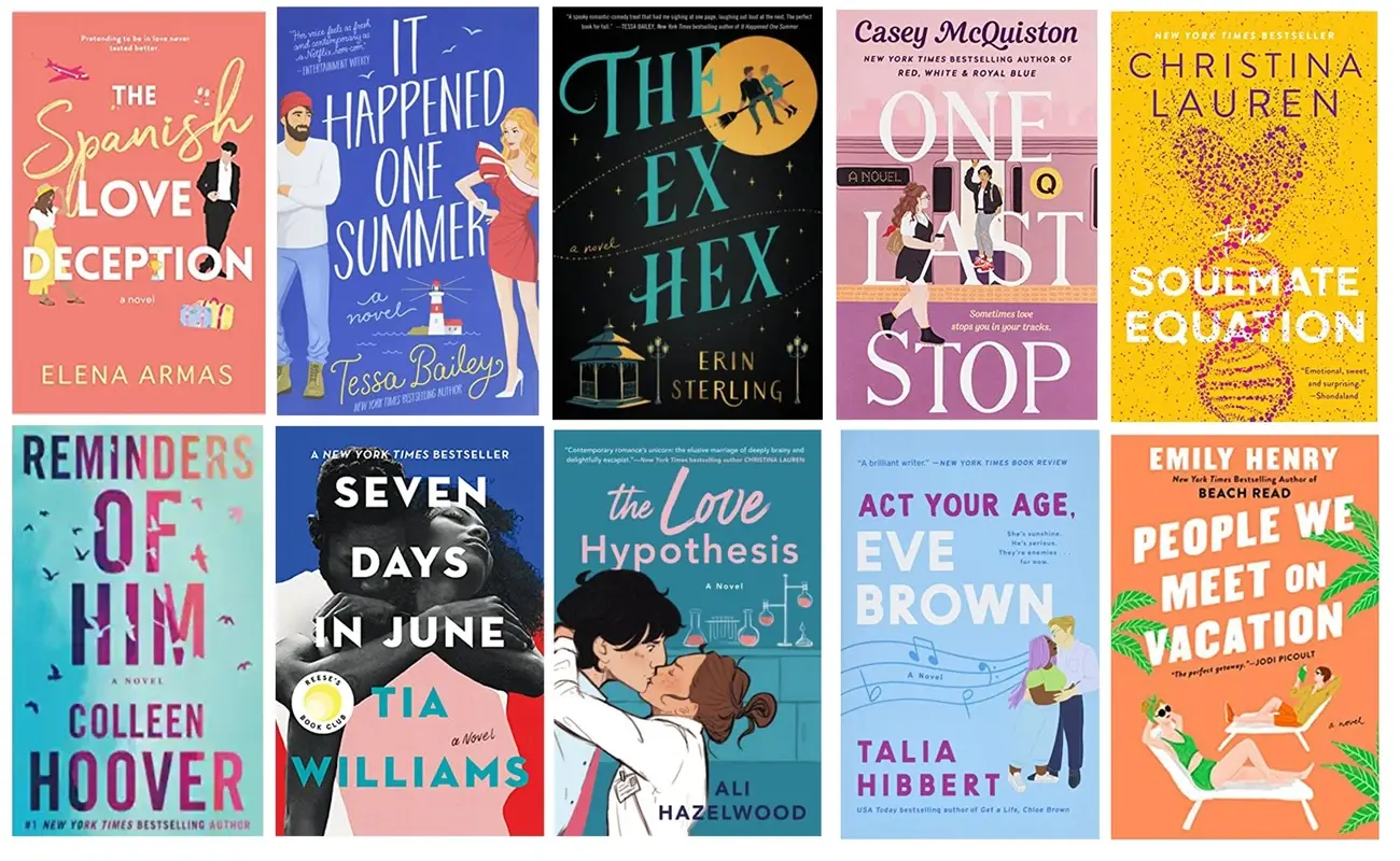 Collage of ten colorful romance novel covers featuring couples, bold titles, and various artistic styles.