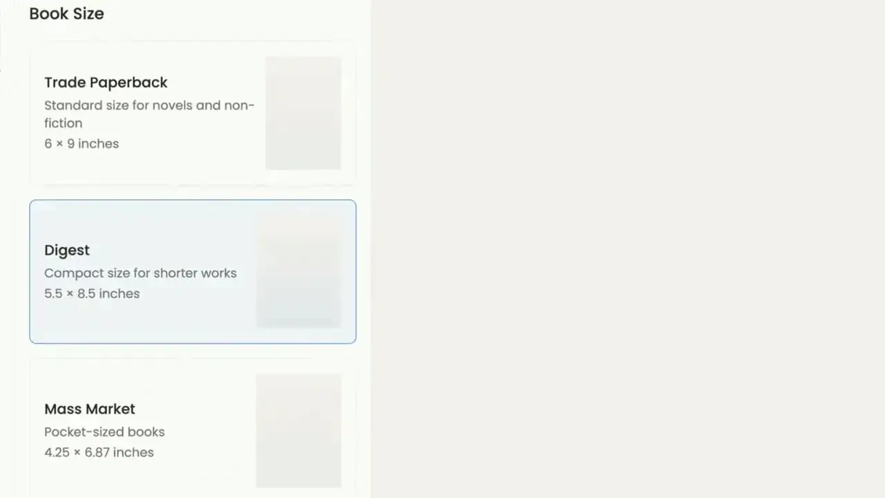 Storyloft publish panel showing book size options with Digest selected