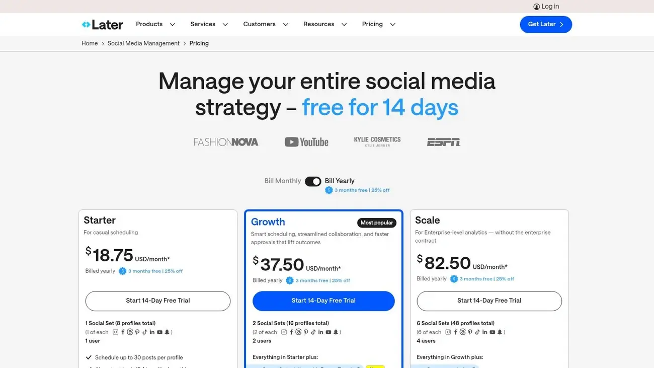 Later pricing plans for social media management with Starter, Growth, and Scale options, each offering a 14-day free trial.