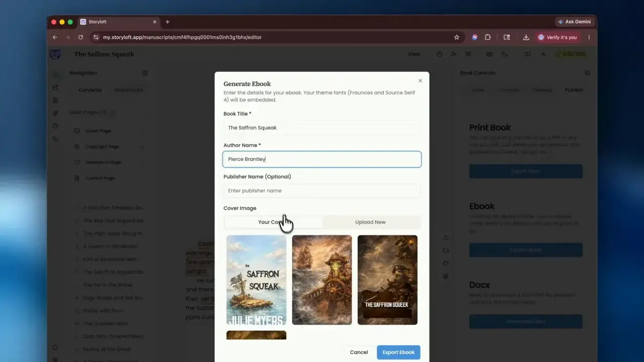 Ebook export dialog with title and metadata fields and three cover image options at the bottom