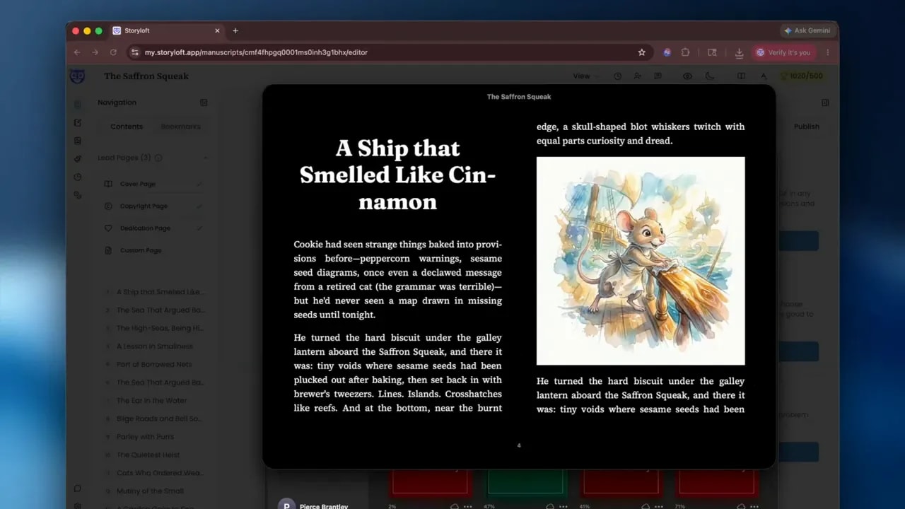 Apple Books style ebook preview showing a chapter title on the left page and an illustration on the right page in dark mode