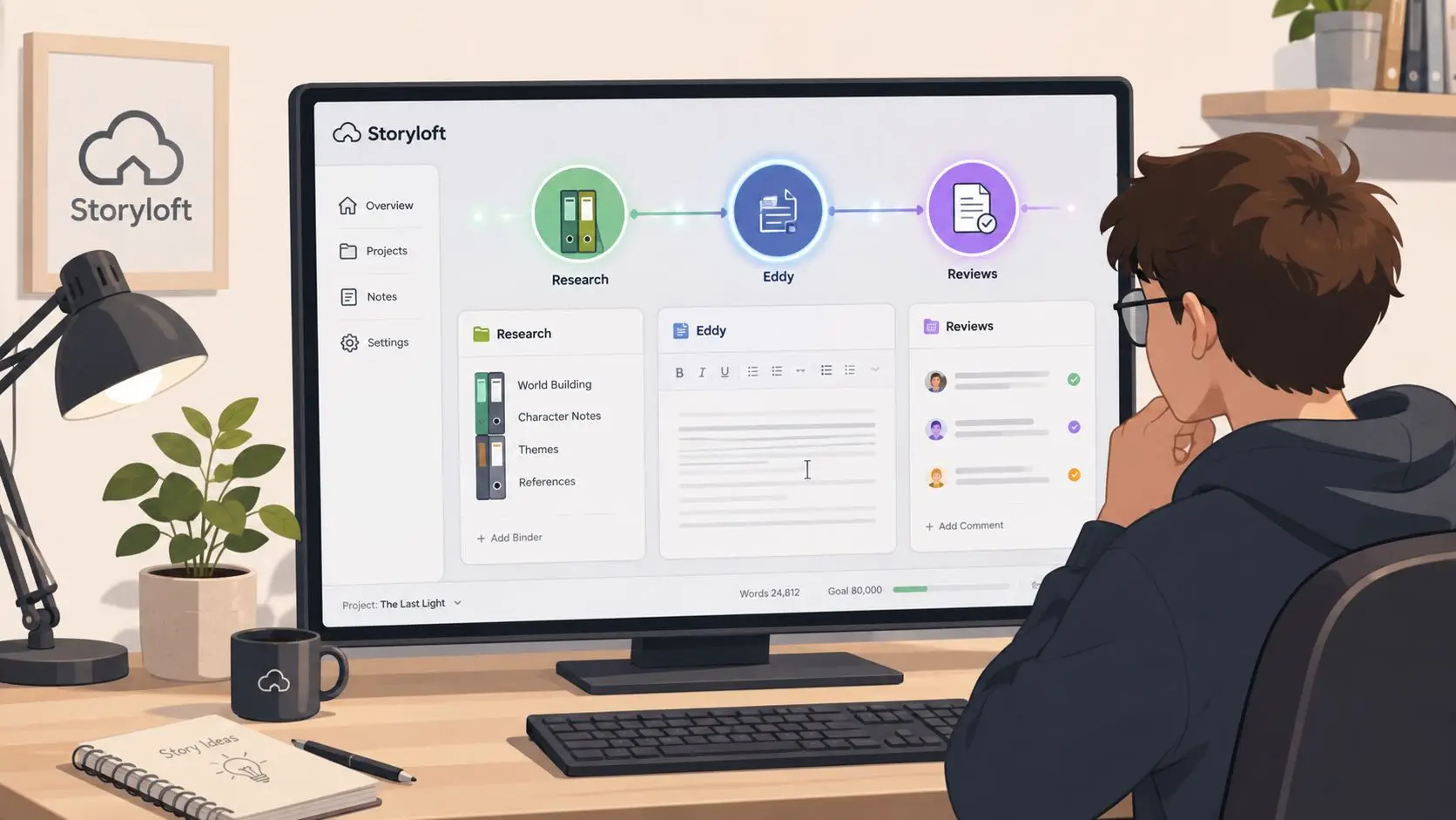 A person sitting at a desk using Storyloft software on a computer to edit their creative manuscript.