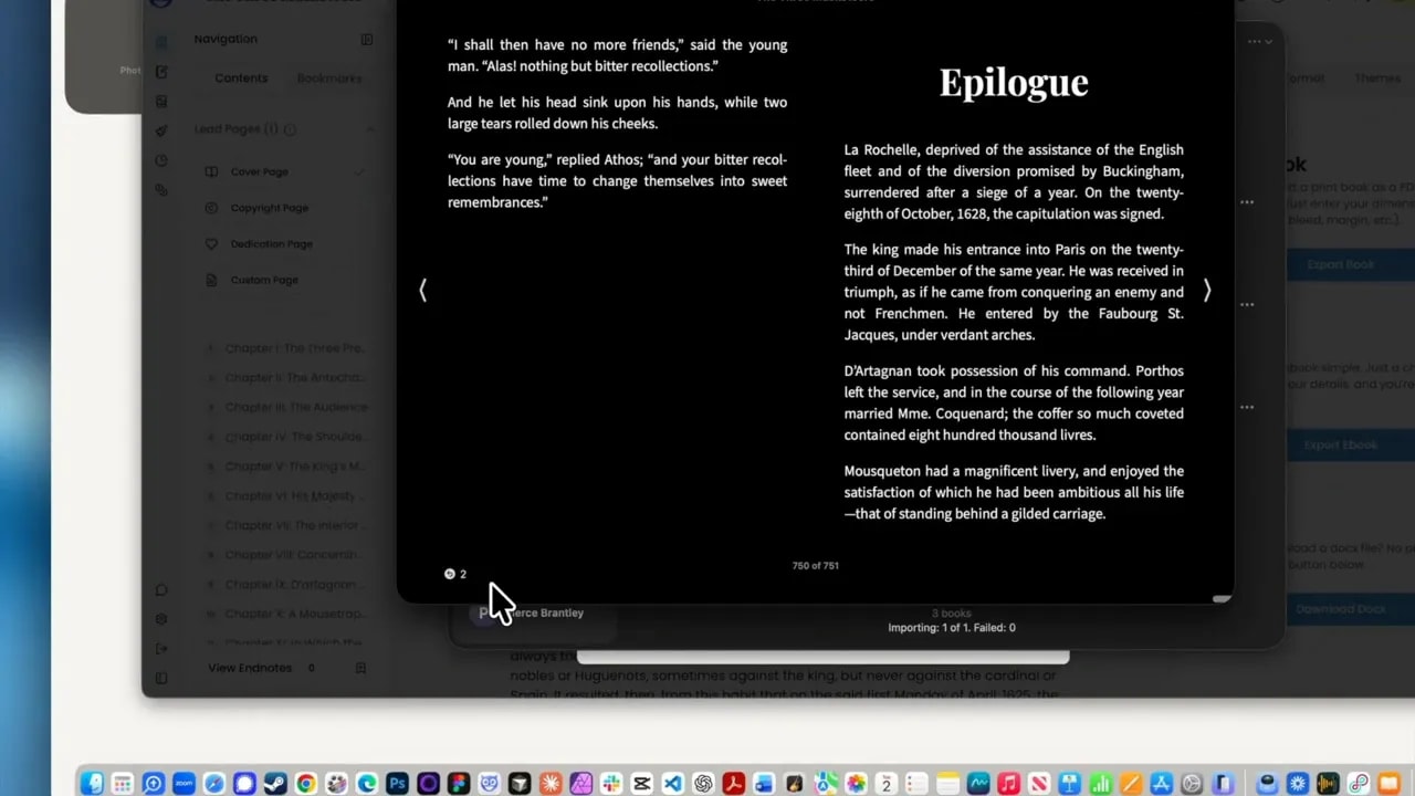 Dark ebook reader displaying the Epilogue chapter of The Three Musketeers in two-page view