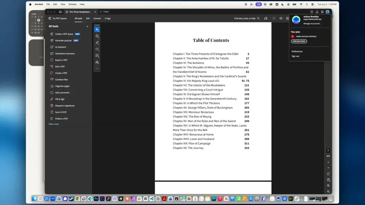 PDF viewer displaying a table of contents page from The Three Musketeers export