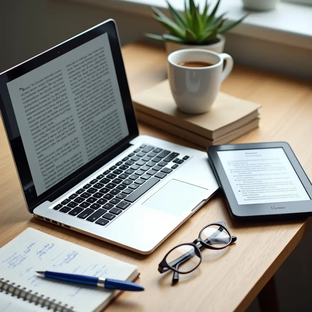 Workspace with laptop, e-reader, notebook, pen, glasses, coffee cup, and plant, illustrating ebook formatting process.
