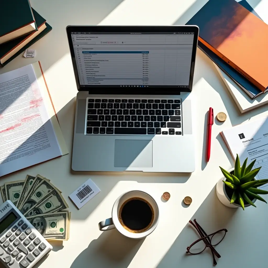 Overhead view of a workspace with a laptop showing a spreadsheet, money, coffee, and books for self-publishing costs.