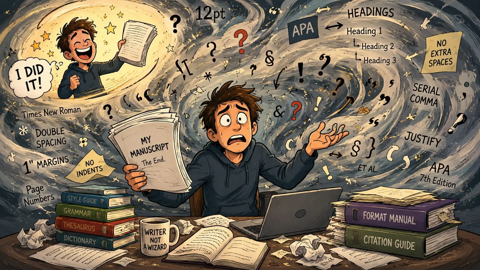A student looking overwhelmed while formatting a manuscript, surrounded by academic guidelines and writing reference books.