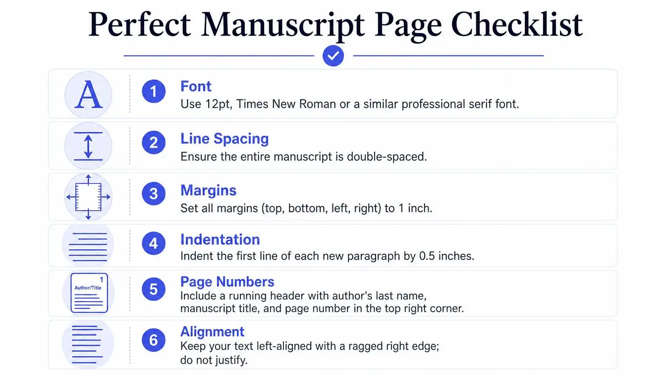 A checklist showing six standard formatting rules for a professional literary manuscript, including font, spacing, and margins.