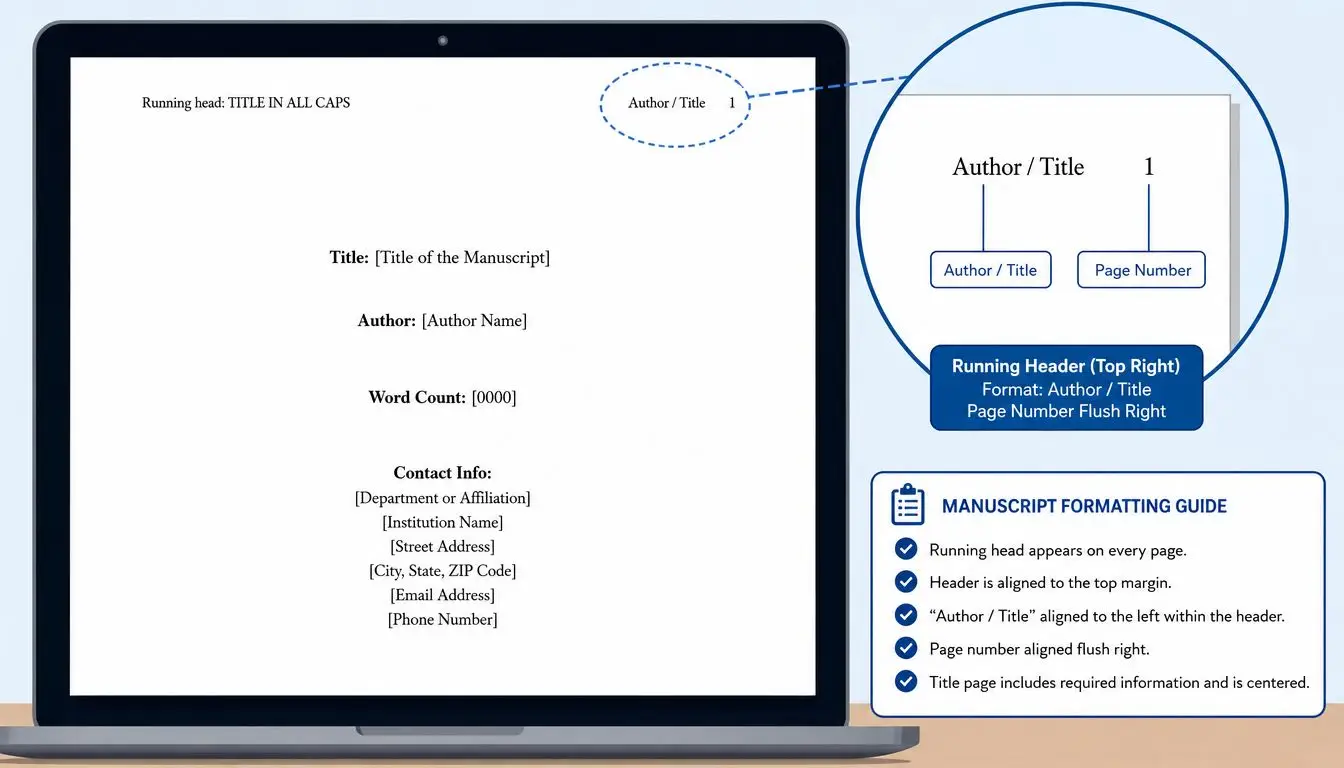 A laptop screen displaying a sample academic manuscript title page with formatting instructions and guidelines.