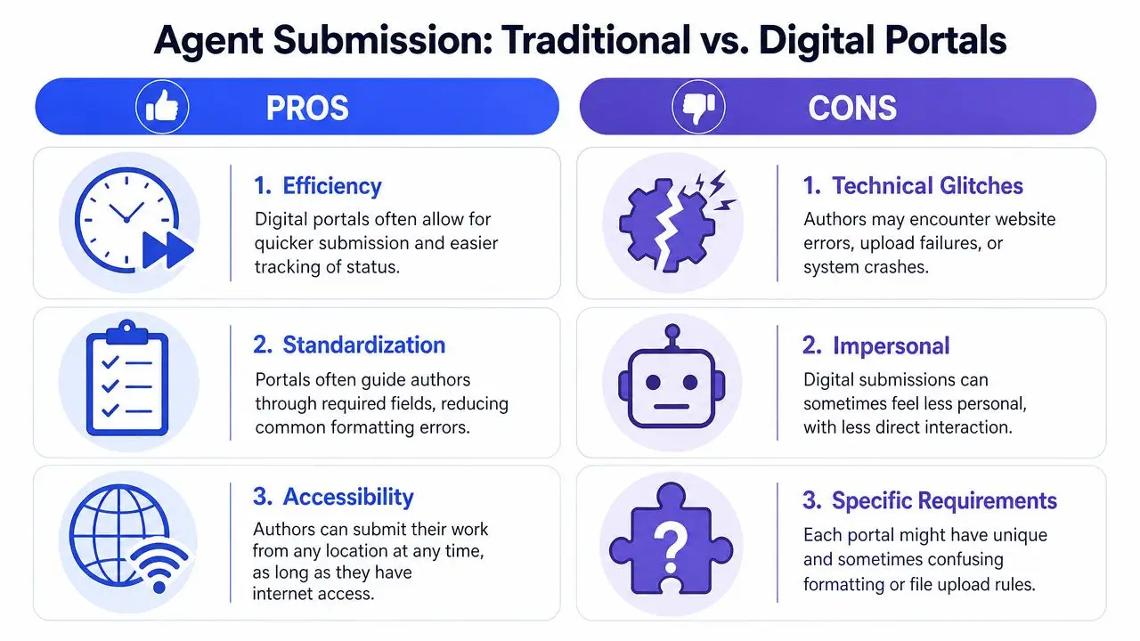 A comparison chart showing the pros and cons of using digital portals for literary agent manuscript submissions.