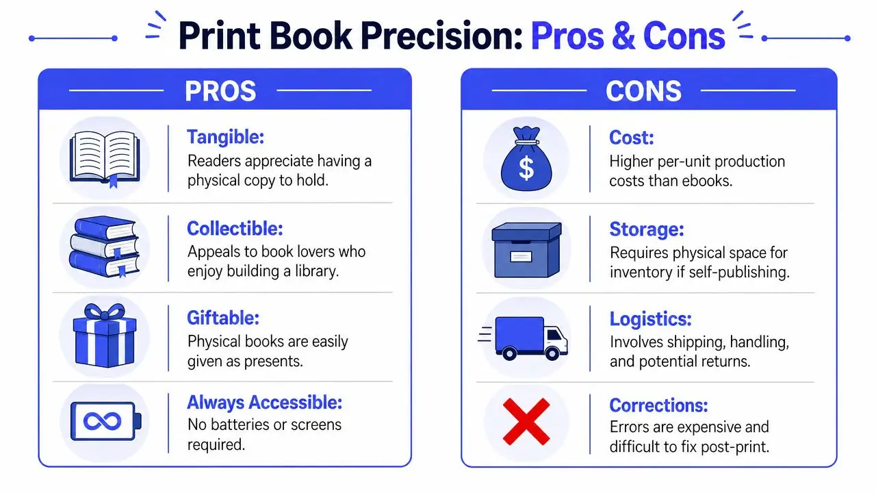 A comparison infographic showing the advantages and disadvantages of publishing physical print books.