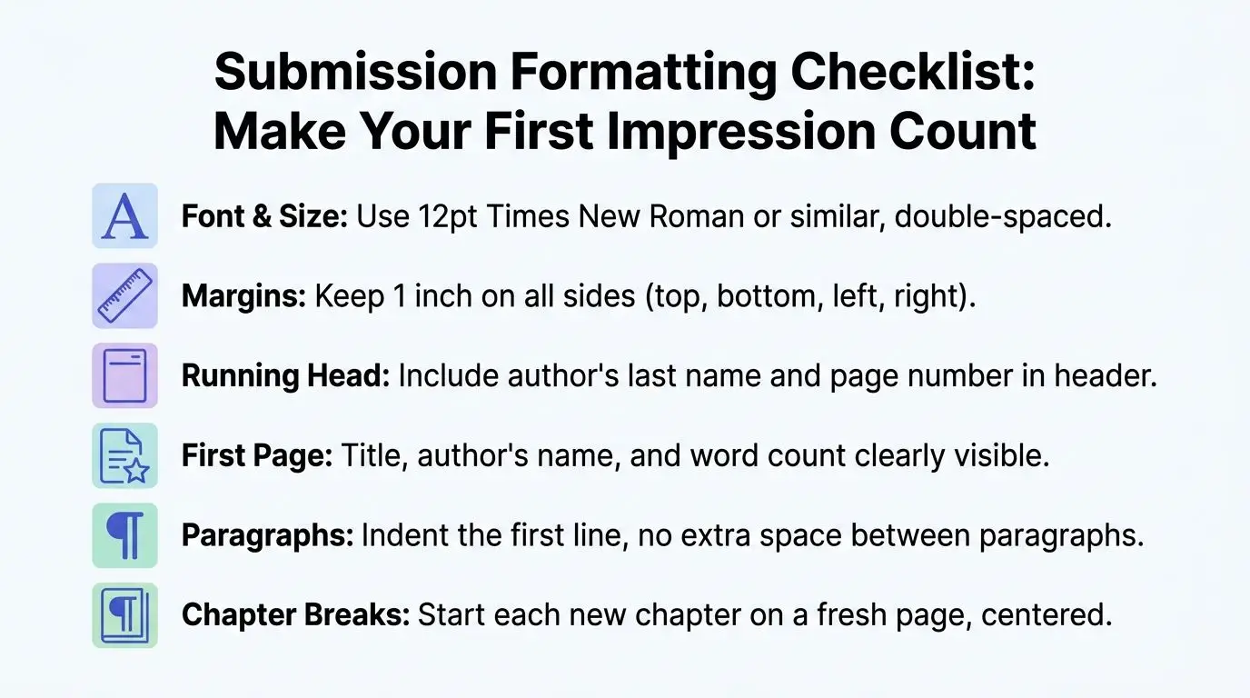 A checklist graphic titled Submission Formatting Checklist guiding writers on professional manuscript formatting standards and requirements.