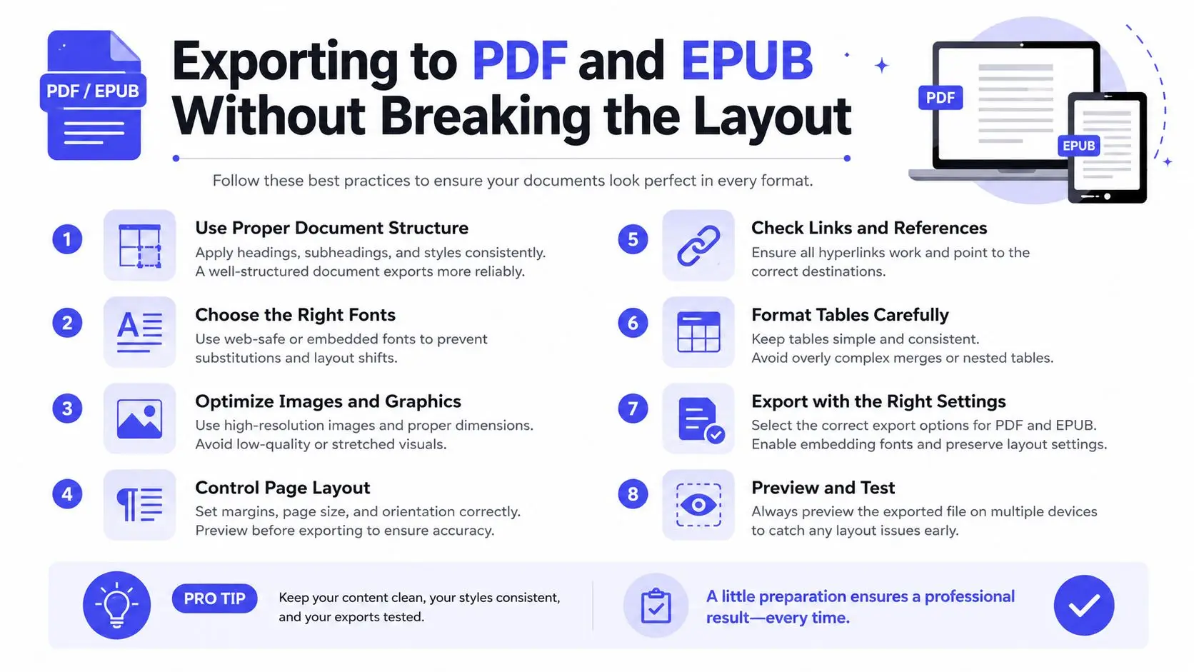 An infographic titled Exporting to PDF and EPUB Without Breaking the Layout listing eight best practices.