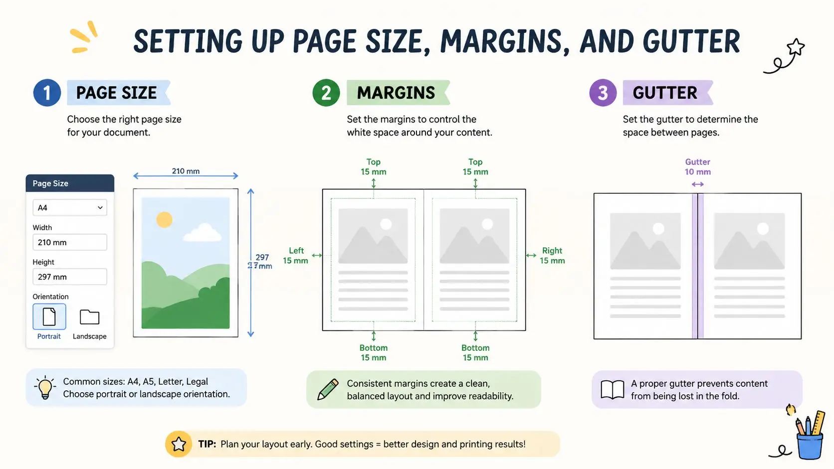 A diagram illustrating how to configure page size, margins, and gutter settings for a book layout.
