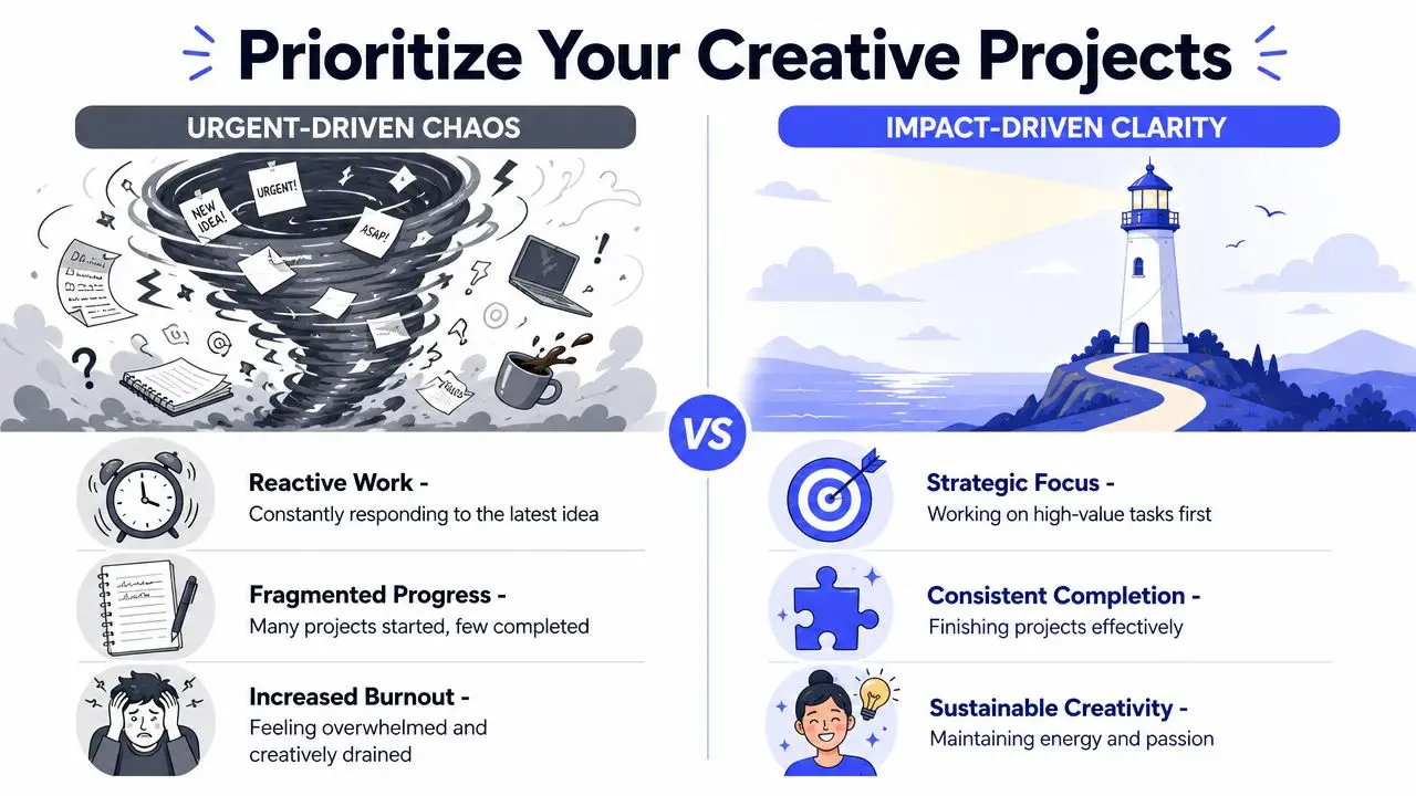 A comparison chart showing how to prioritize creative projects, contrasting urgent chaos with impact-driven clarity.