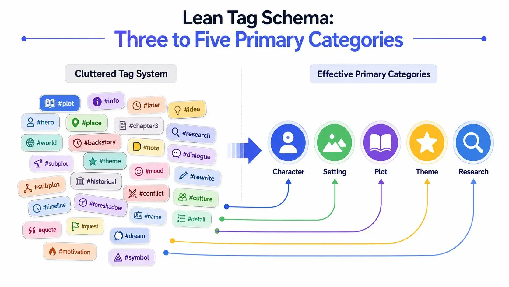 A diagram demonstrating how to simplify a cluttered system of writing tags into five primary categories.
