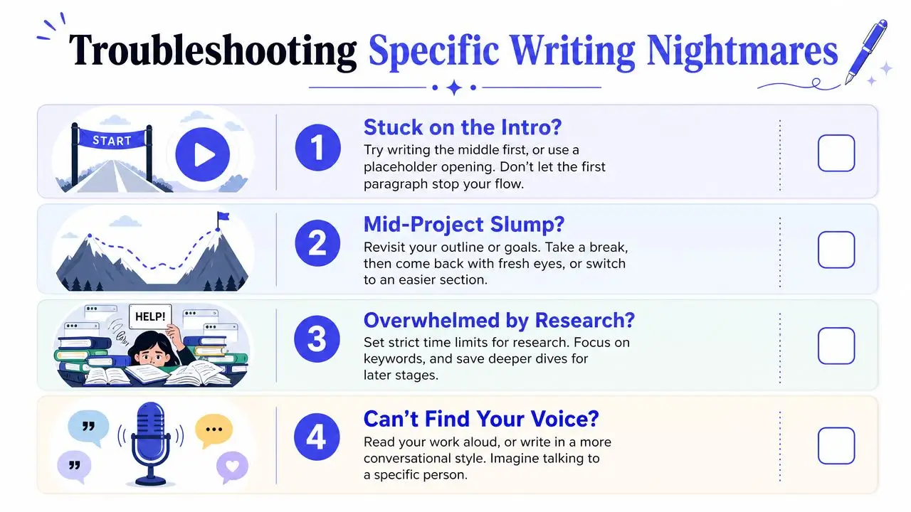 An infographic titled Troubleshooting Specific Writing Nightmares featuring four practical tips for overcoming common writing challenges.