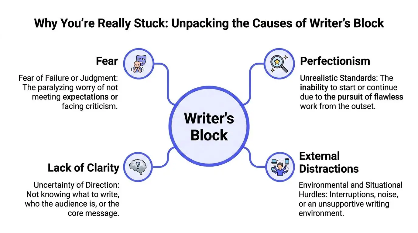 A diagram illustrating the four main causes of writer's block: fear, perfectionism, lack of clarity, and distractions.