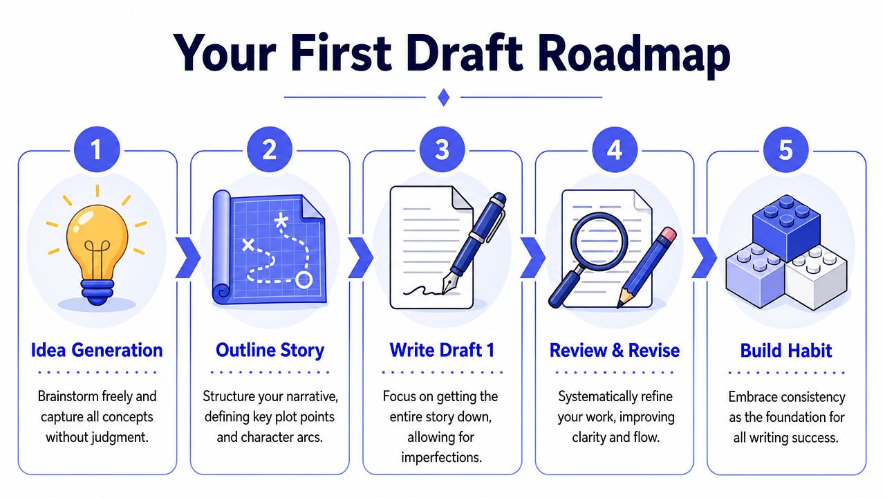 A five-step roadmap for writing a first draft starting from idea generation to building a habit.