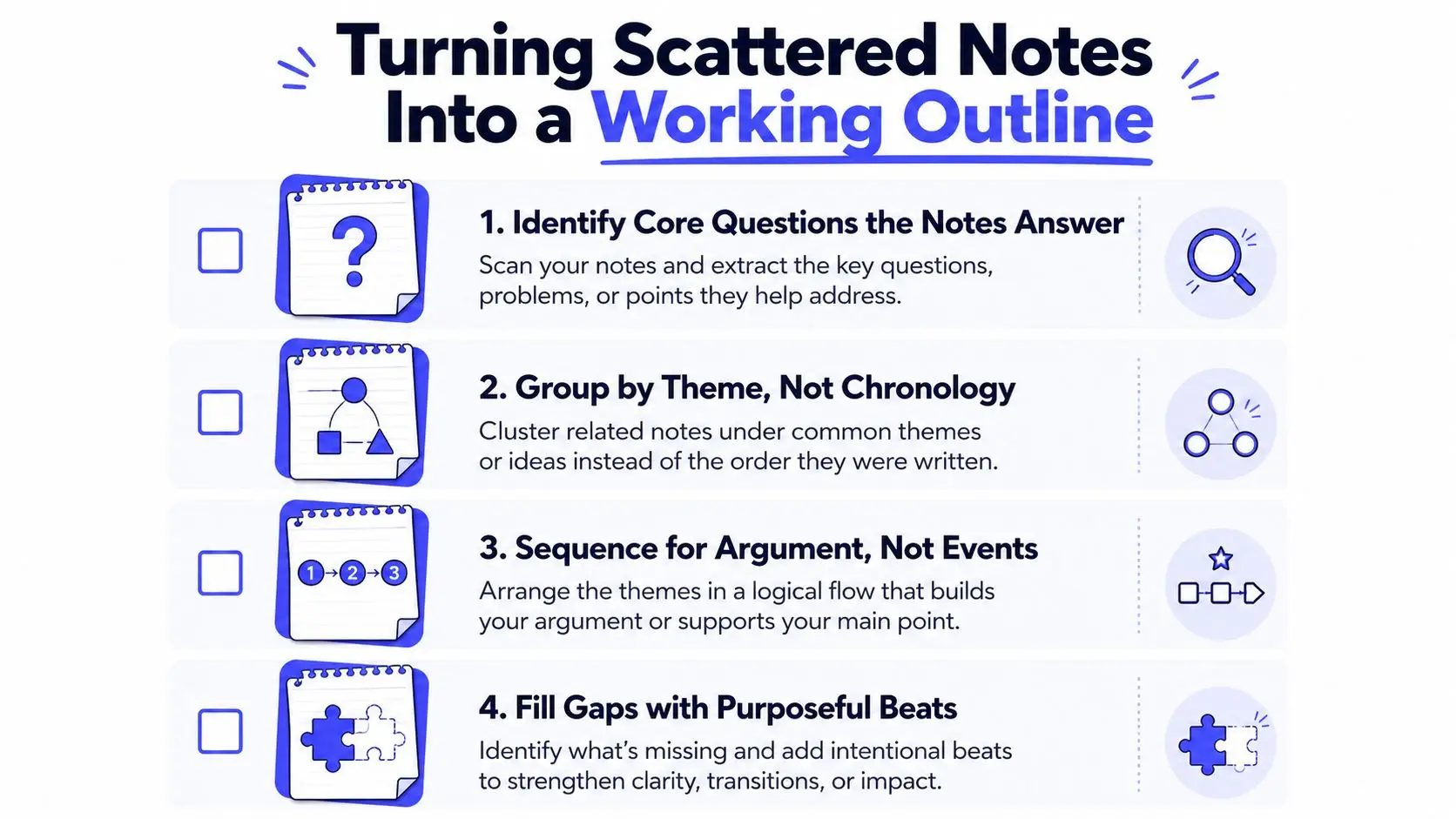 A four-step infographic illustrating how to turn scattered notes into a structured and logical working outline.