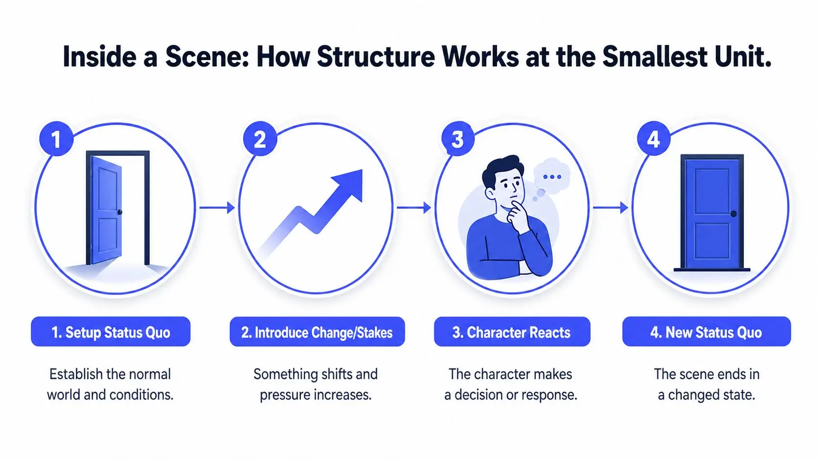 A four-step diagram illustrating the narrative structure of a scene, from initial status quo to the final outcome.